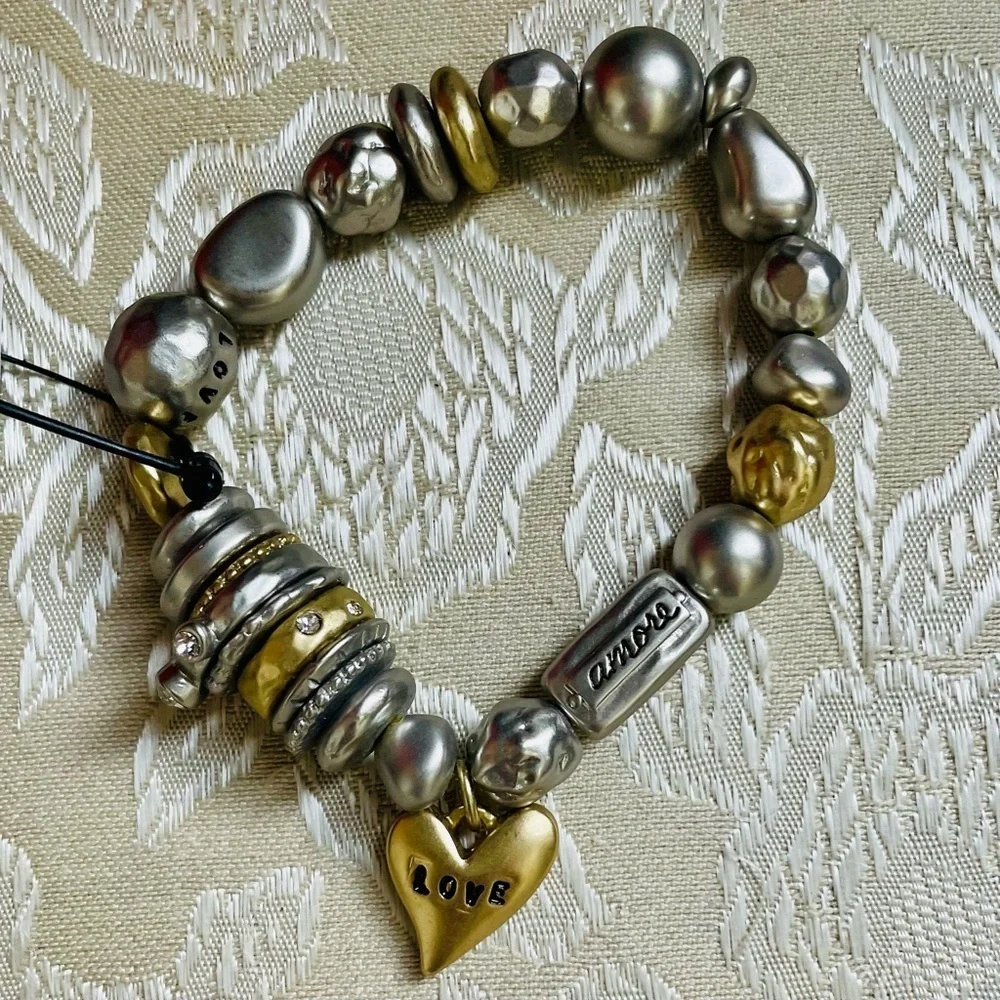 NWT Chico’s Silver Gold Tone Rhinestone Love Theme Mixed Media Stretch Bracelet